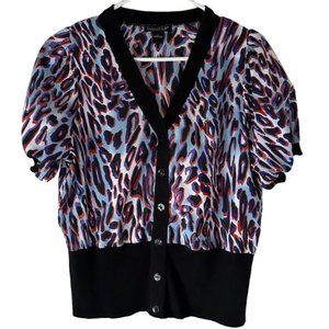 Black, red and and blue leopard print v-neck button-down blouse